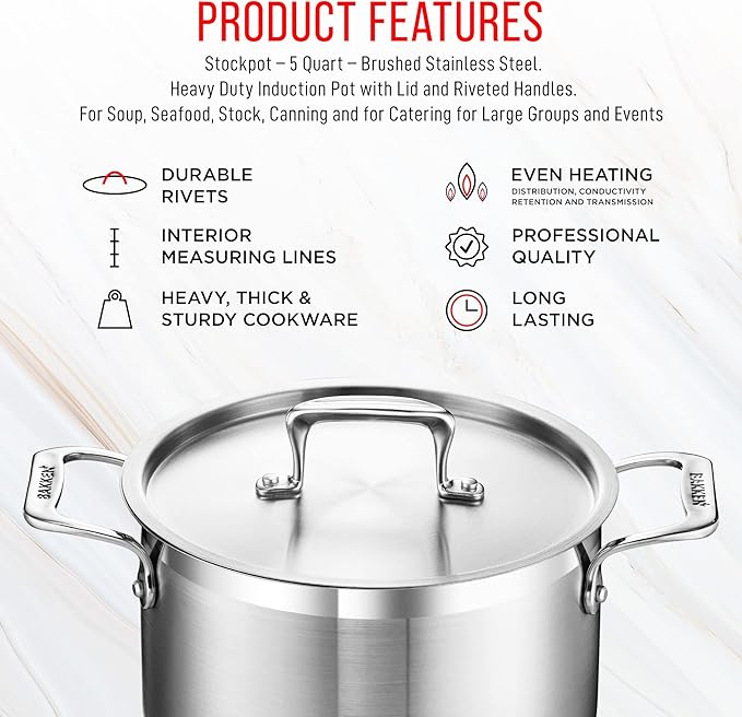 Stainless Steel Stockpot with Lid 5 Quart, Durable 18/8 Stainless Steel - Image 7