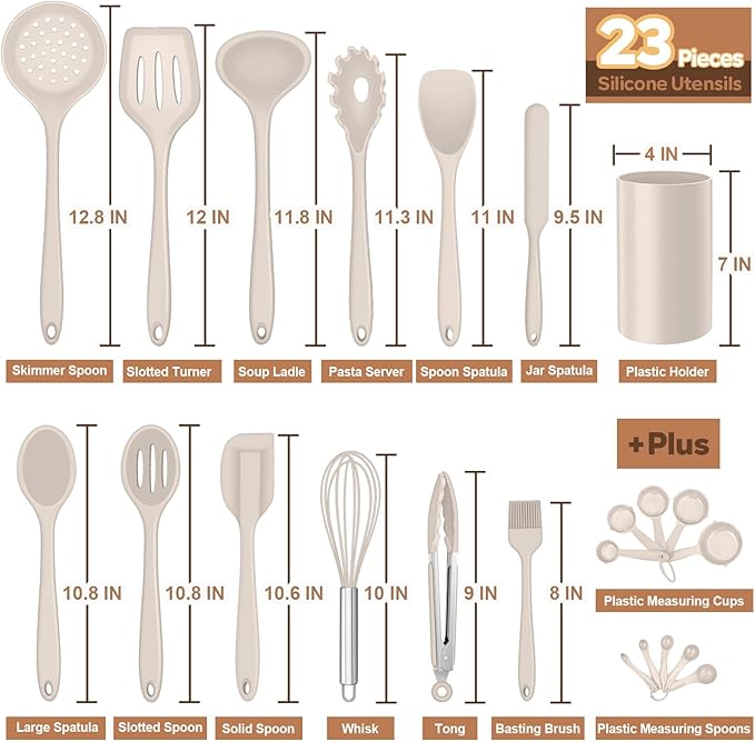 Silicone Kitchen Utensils Set, E-far 23 Pcs Khaki Cooking Utensils Tools - Image 3