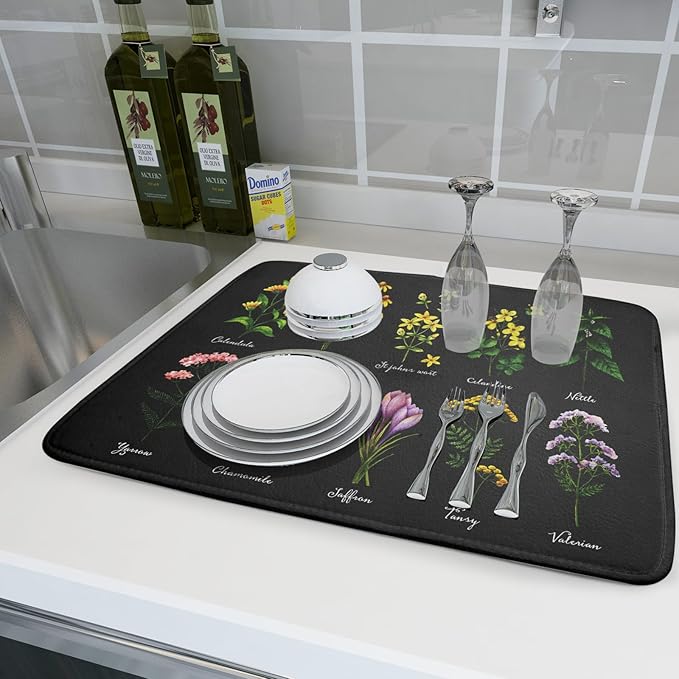 Black Flower Herbs Dish Drying Mat 18x24 Inch Botanical Floral Microfiber - Image 6