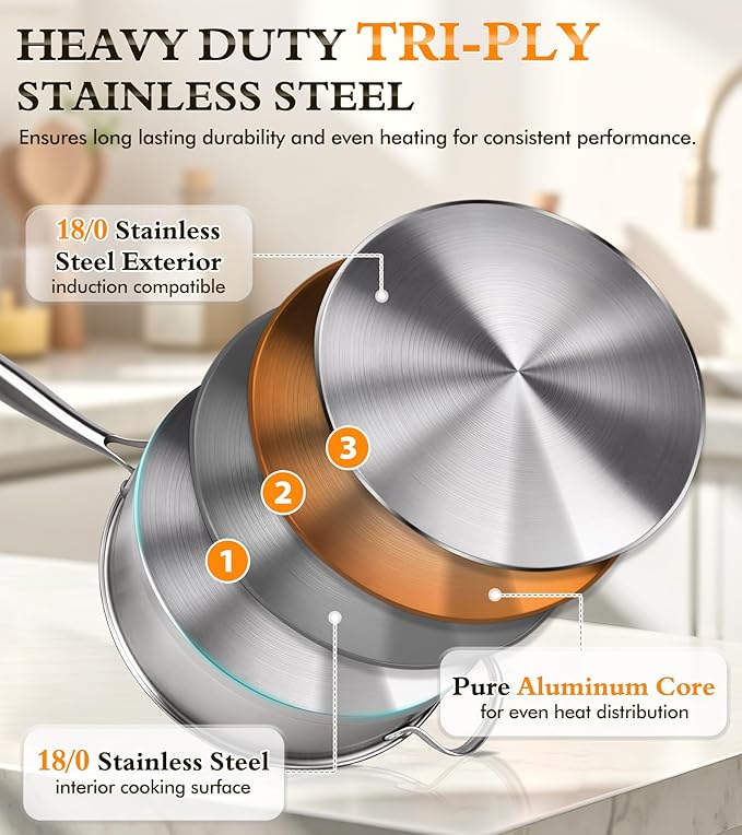 16-Piece Pots and Pans Set, Tri-Ply Stainless Steel Cookware Set - Image 4