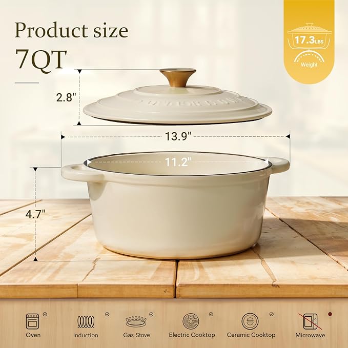 Overmont Enameled Cast Iron Dutch Oven - 7QT Pot - Heavy-Duty Cookware - Image 6