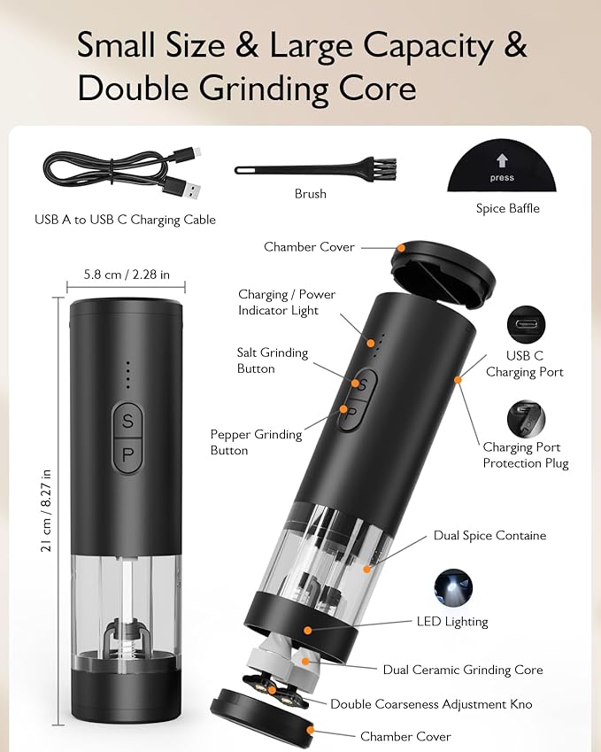 Electric Salt and Pepper Grinder Set, 2 in 1 Dual Bins USB Rechargeable - Image 7