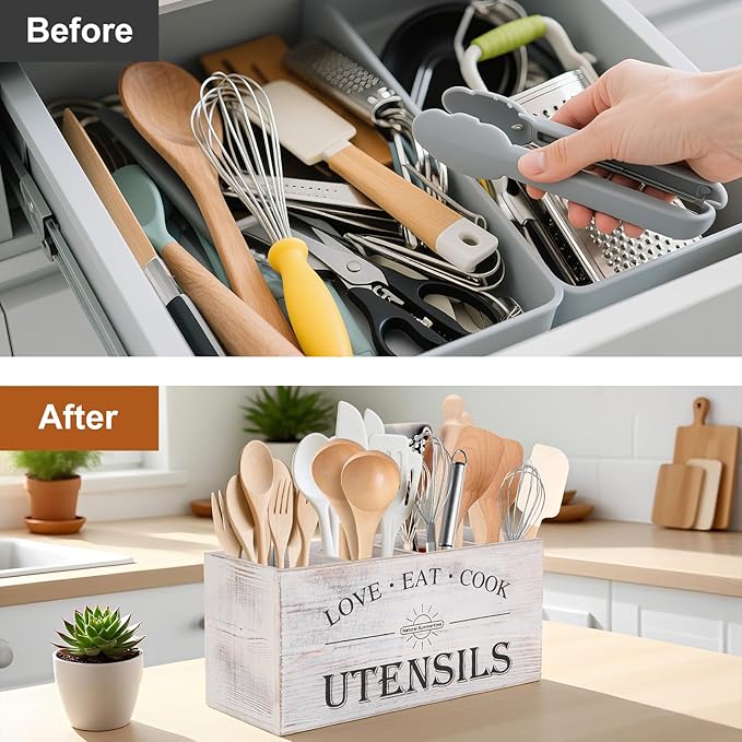 2 PC Wooden Utensil Holder, （With 4-Compartments size*1 + 3-Compartments - Image 3