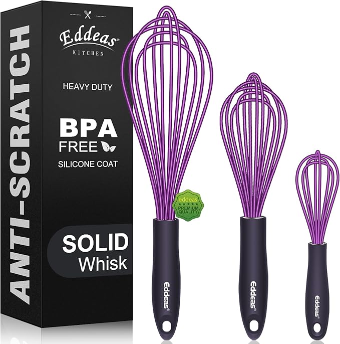 Silicone Whisk, Eddeas Whisk Non-Scratch Coated Whisks set of 3-Heat Resistant by Eddeas