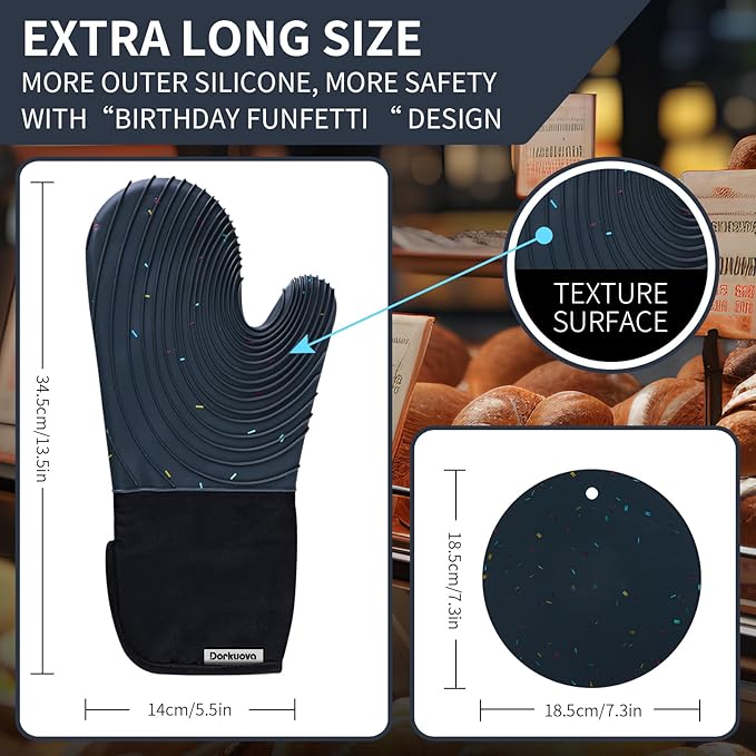 Silicone Oven Mitts, Cotton Lined Gloves, Long Cooking Mitts and Trivet Mats - Image 2