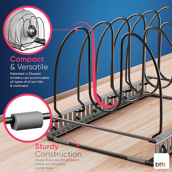 Better Things Home 7.5” Wide 6-Slot Adjustable Large Pan and Pot Lid Organizer - Image 3
