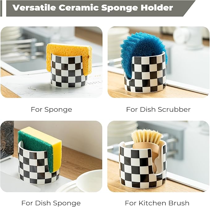Zoeeker Checkered Kitchen Sink Sponge Holder, Dish Sponge Rack Ceramic Brush - Image 4