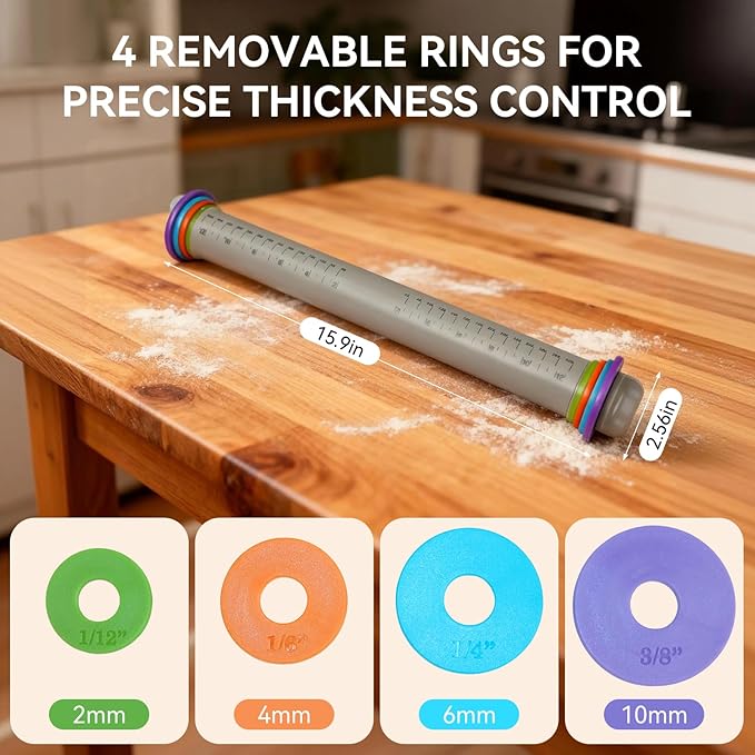 Adjustable Rolling Pin with Thickness Rings, 12.8" Silicone Non Stick Dough - Image 2