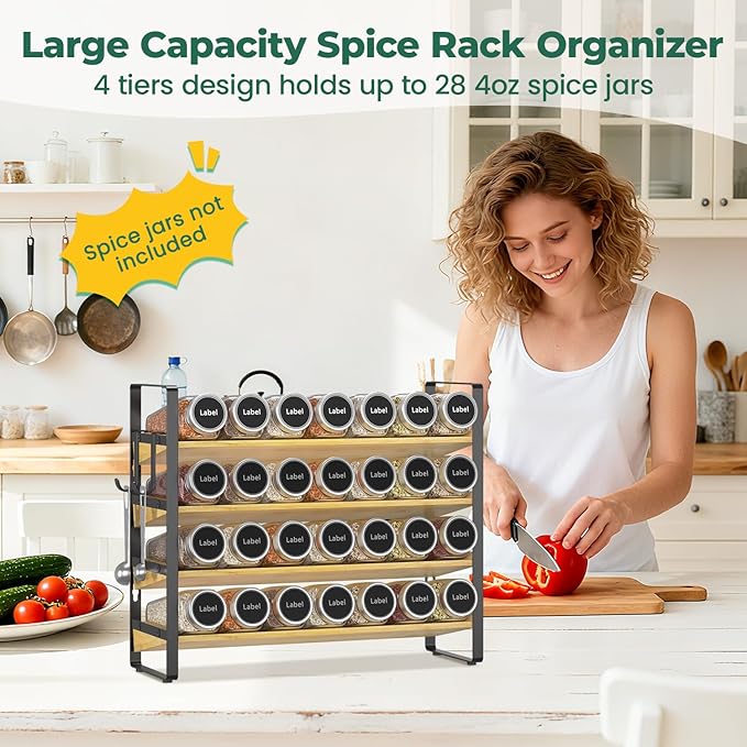 EsLuker.ly Spice Seasoning Rack Organizer Kitchen Countertop, 4 Tier Bamboo - Image 2
