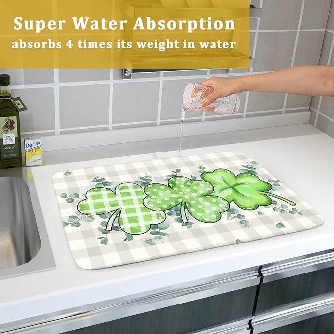Giwawa Patrick Dish Drying Mat for Kitchen Green Clovers Grey Buffalo Plaids - Image 7