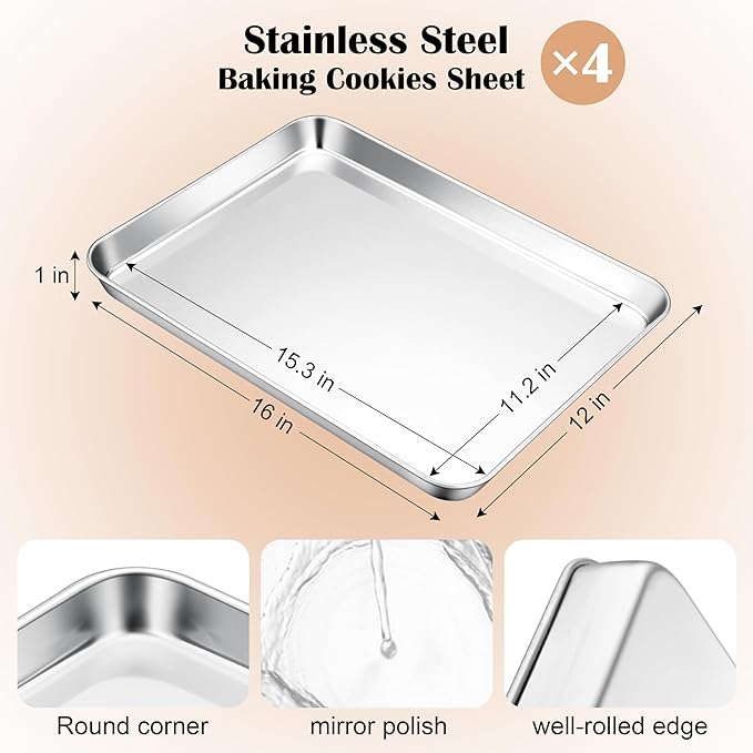 E-far Baking Sheets Set of 4, 16” x12” x 1” Stainless Steel Cookie Sheets Pans - Image 2