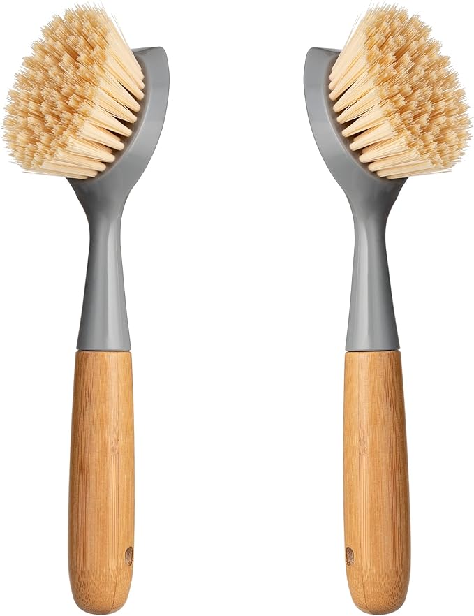 2 Pack Kitchen Dish Brush Bamboo Handle Dish Scrubber Built-in Scraper by Songtaste