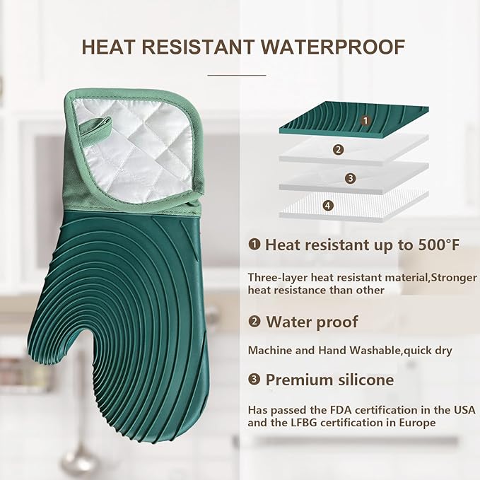 Silicone Oven Mitts-13.6 in Extended Oven Mitts Heat Resistant 500F, Oven Gloves - Image 3