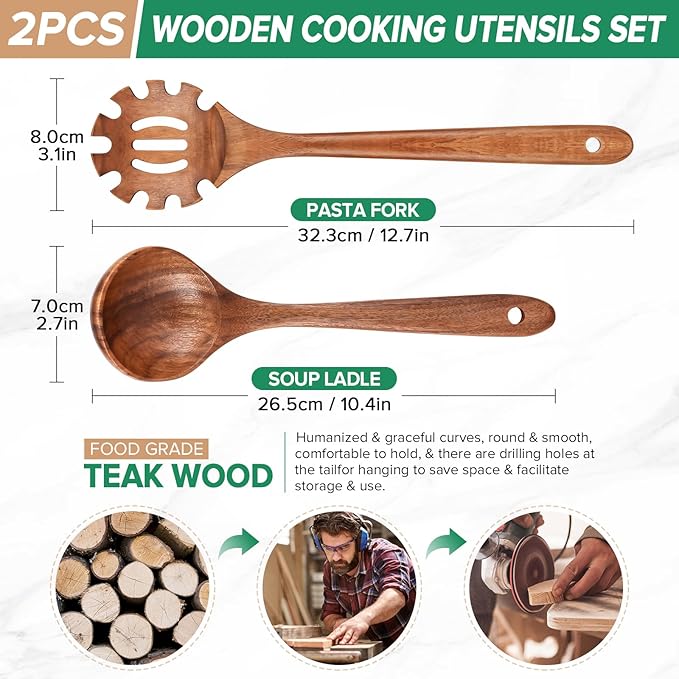 Wooden Spoons for Cooking, Teak Wood Soup Ladle&Slotted Pasta Fork Strainer - Image 2