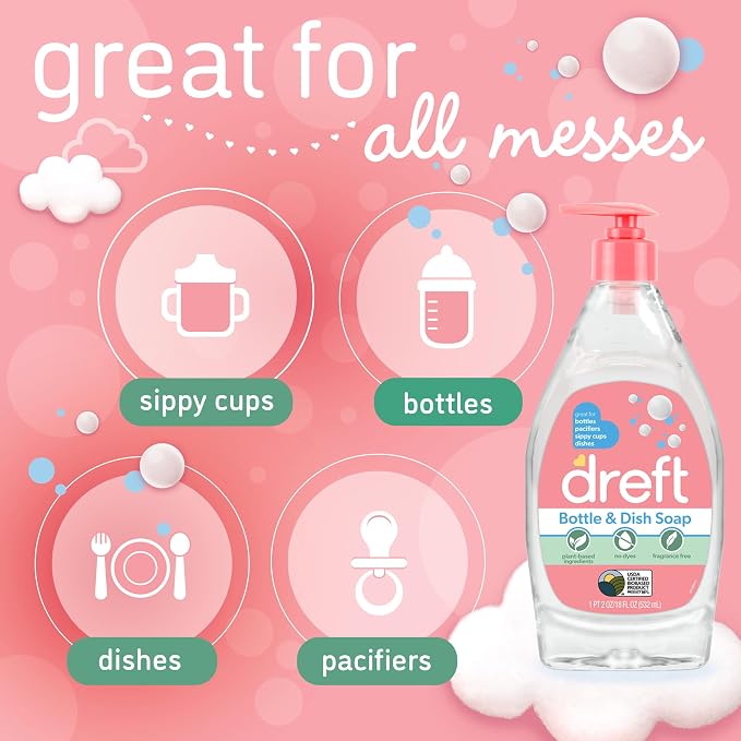Dreft Bottle and Dish Soap | Made to Clean Baby Bottles,Sippy Cups,Pacifiers,Breast Pumps,& More | Gently Removes Milk Film & Odors-| Plant Based,Fragrance Free Dish Soap-| 18 Fl Oz,(Pack of 6)