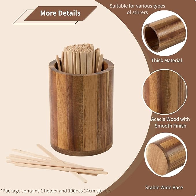 Acacia Wood Coffee Stirrer Holder Set - Image 3