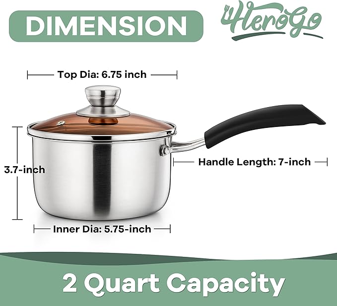 Herogo 2Qt Saucepan with Lid, 18/10 Stainless Steel Sauce Pan Pot, 2 Quart - Image 2