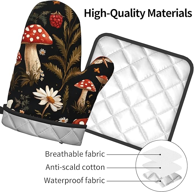 Mushroom Oven Mitt Pot Holder Set Vintage Floral BBQ Cooking Gloves - Image 4