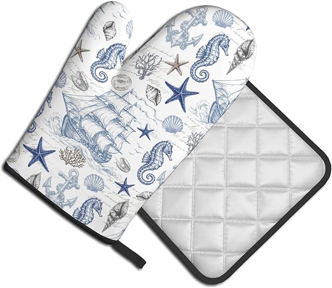 Navy Blue Oven Mitts and Pot Holders Sets Summer Beach Starfish Seashell Oven - Image 2