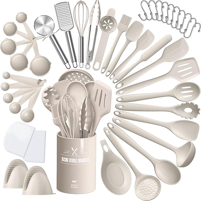 Silicone Kitchen cooking Utensils Set, AIKKIL 43 Pcs Heat Resistant Khaki by AIKKIL