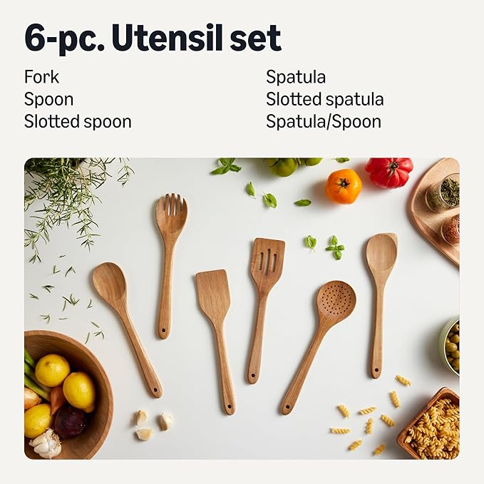 Amazon Basics Wooden Cooking Utensils, 6-Piece Set, Acacia Wood, Pre Oiled - Image 2