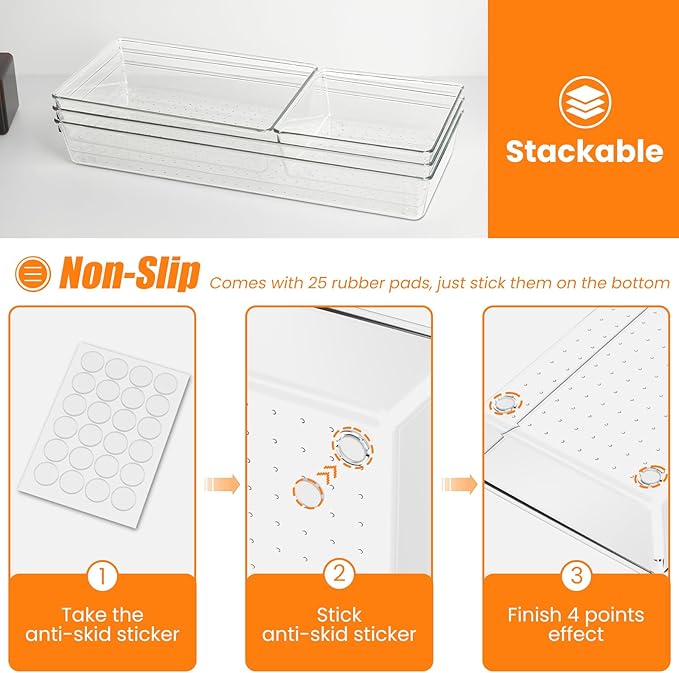 Criusia 22 Pcs Drawer Organizer Bins, Acrylic Non Slip Kitchen Drawer - Image 3