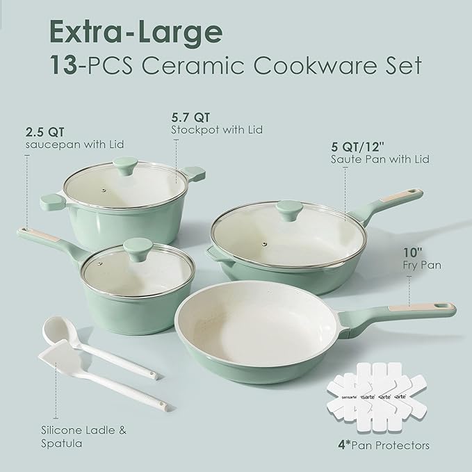 SENSARTE Nonstick Ceramic Cookware Set Large 13-Piece, Healthy Pots and Pans - Image 2