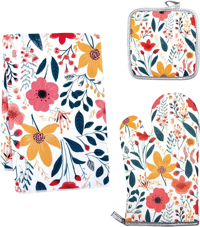 3 Pcs Kitchen Stuff, Wild Floral Kitchen Oven Mitts and Pot Holders Sets by Qchengsan