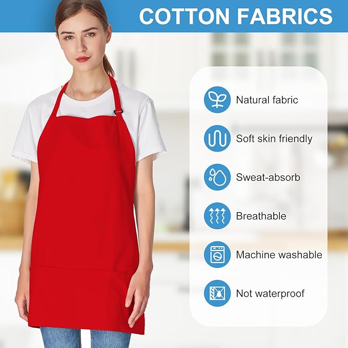 Jubatus 2 Pack 3 Pockets 100% Cotton Adjustable Bib Apron Chef Kitchen Cooking - Image 4
