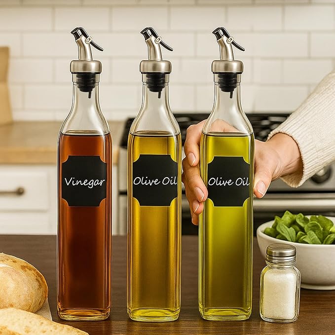 WERTIOO Olive Oil Dispenser Bottle, 2 Stainless Steel Funnel & 1 Pen and 8 Label - Image 2