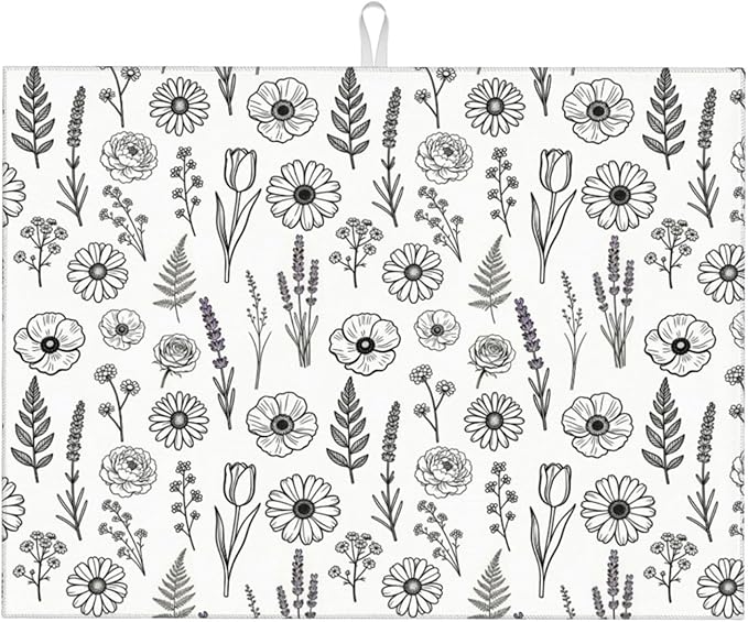 Black and White Floral Aesthetics Dish Drying Mat, by Vodbne