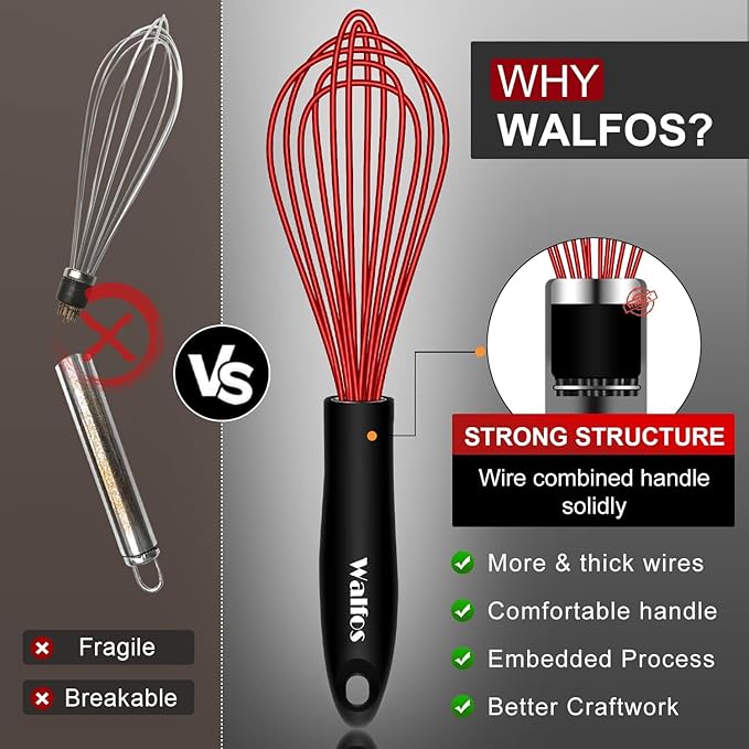Walfos Whisk, Silicone Whisk Heat Resistant Kitchen Whisks Set of 4- - Image 8