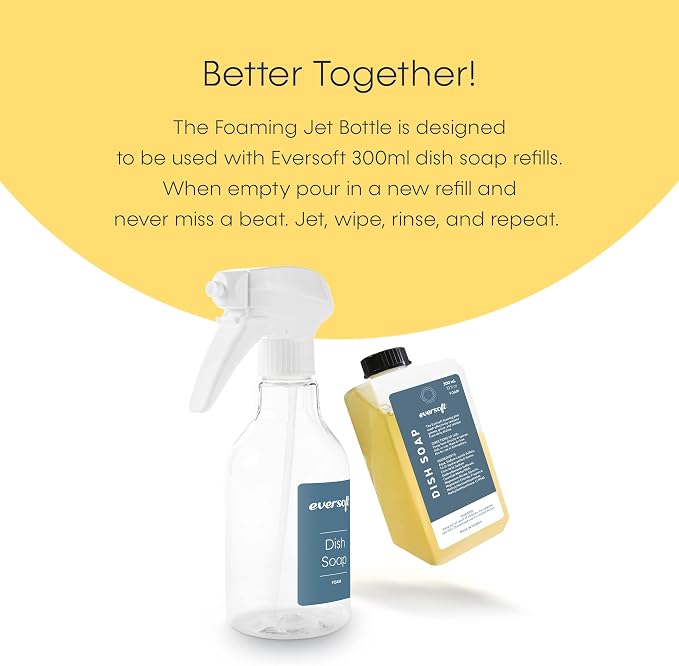 Eversoft Foaming Jet Dish Soap Spray Trigger Bottle for kitchen/bathroom/office/RV/Airbnb, 350 ml (12.0 oz), Sealed Refill Cartridges Sold Separately, Clear