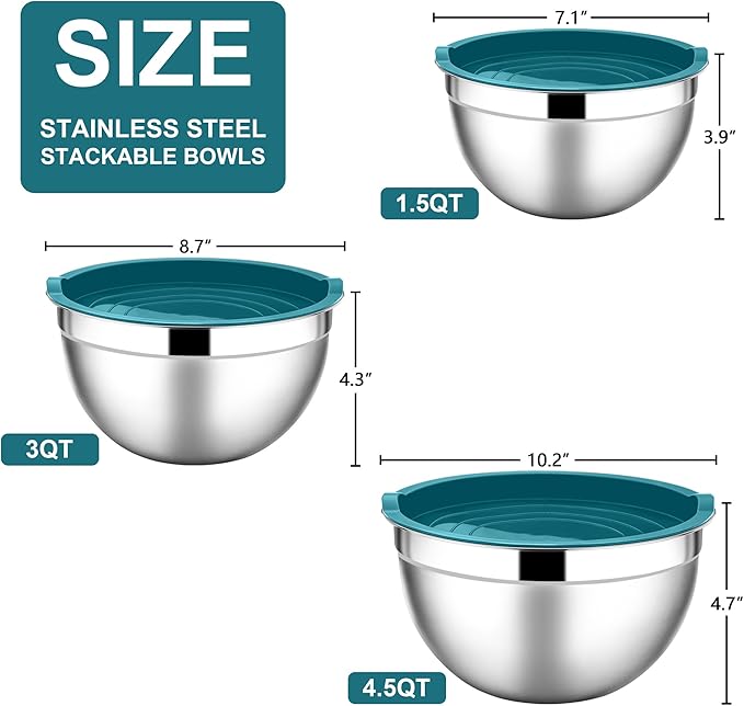 E-far Mixing Bowls with Lids, 6-Piece Stainless Steel Salad Bowls Metal Nesting - Image 2