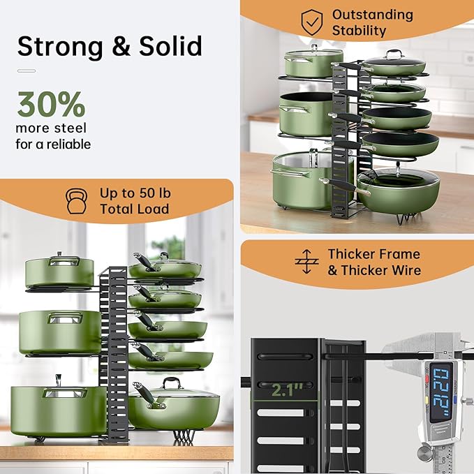 MUDEELA Pots and Pans Organizer Rack under Cabinet 8-Tiers Adjustable Pot Rack - Image 7