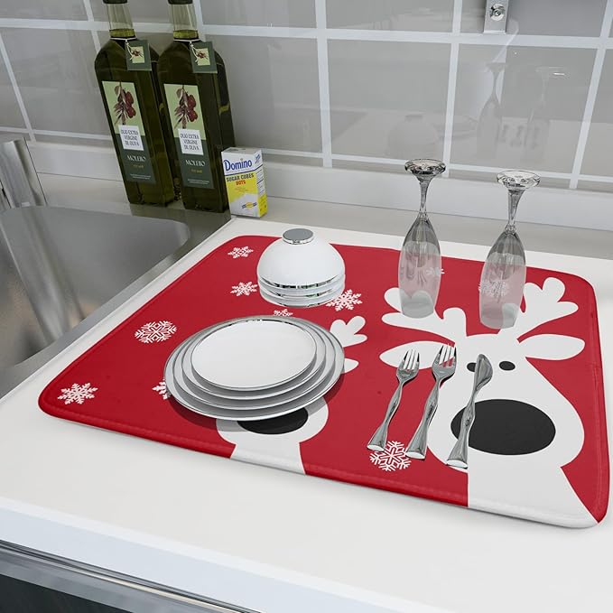 Christmas Dish Drying Mat for Kitchen Counter Cute Reindeer Winter Microfiber - Image 6
