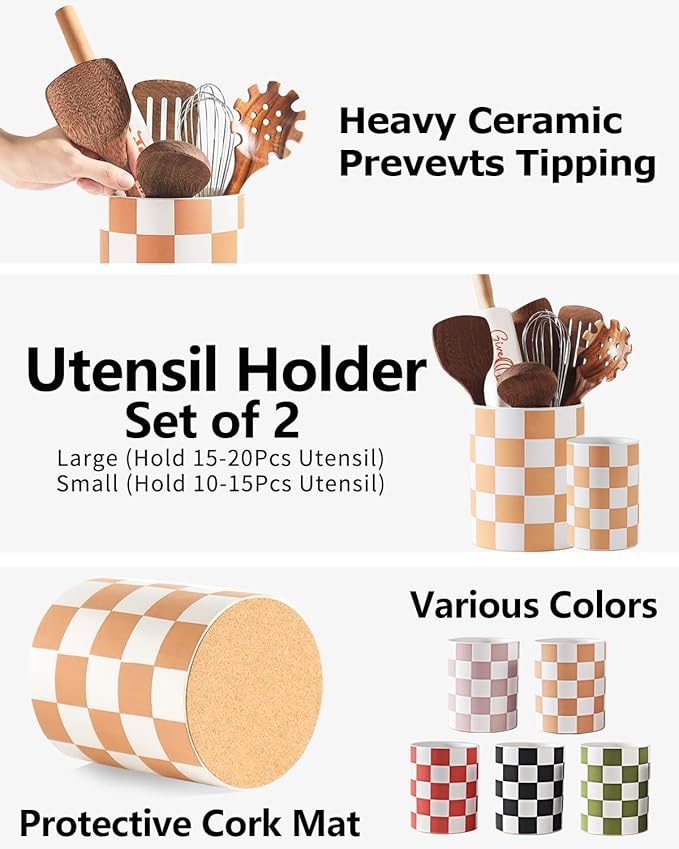 Utensil Holder，7.2 Inch Checkered Utensil Holder, Ceramic Cooking Utensil - Image 3