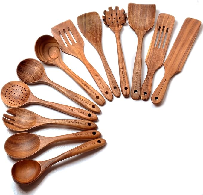 12 Pack Wooden Spoons for Cooking by BOKALAKA