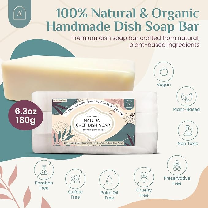 Natural Dish Soap Bar, Cleaning Dishes Solid Block for Kitchen - Organic Biodegradable Dishwashing, only 4 Ingredients, Gentle on Hands - Unscented (1 Pack, 6.3oz)
