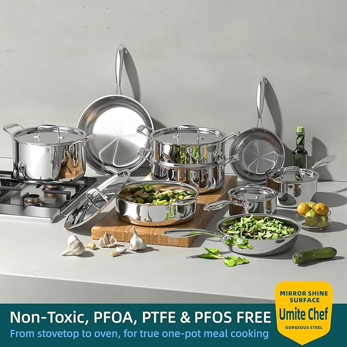 Umite Chef Stainless Steel Cookware Set, 5 Ply 14 Piece Stainless Steel Pot and - Image 3