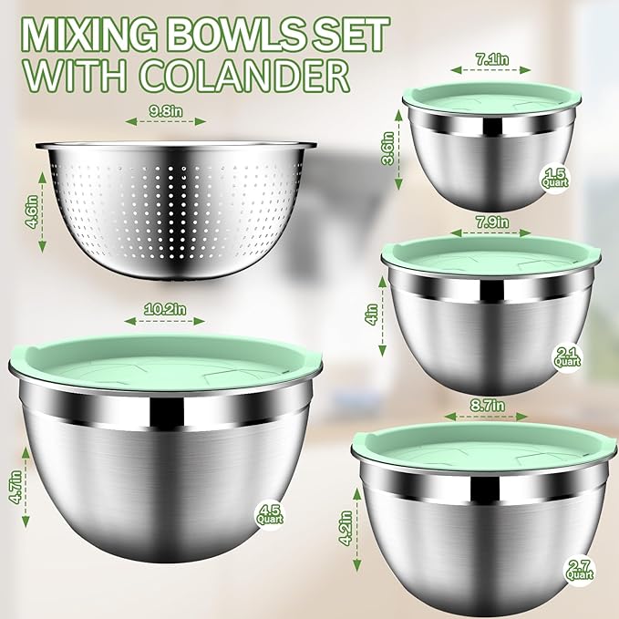 DUTZUN Mixing Bowls with Lids Set, Stainless Steel Mixing Bowl Set with Colander - Image 2