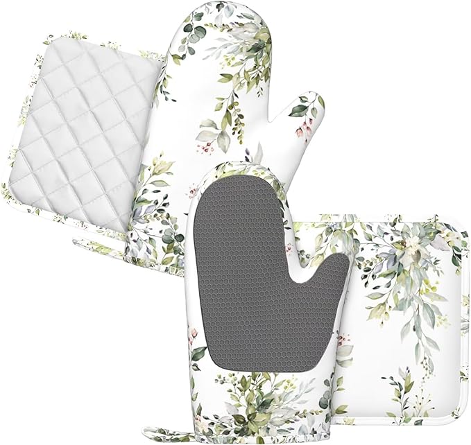 Sage Green Eucalyptus Oven Mitts and Pot Holders Sets Silicone Watercolor - Image 2