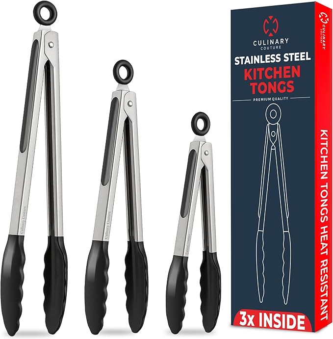 Kitchen Tongs with Silicone Tips Set of 3 Heat Resistant Tongs by CulinaryCouture