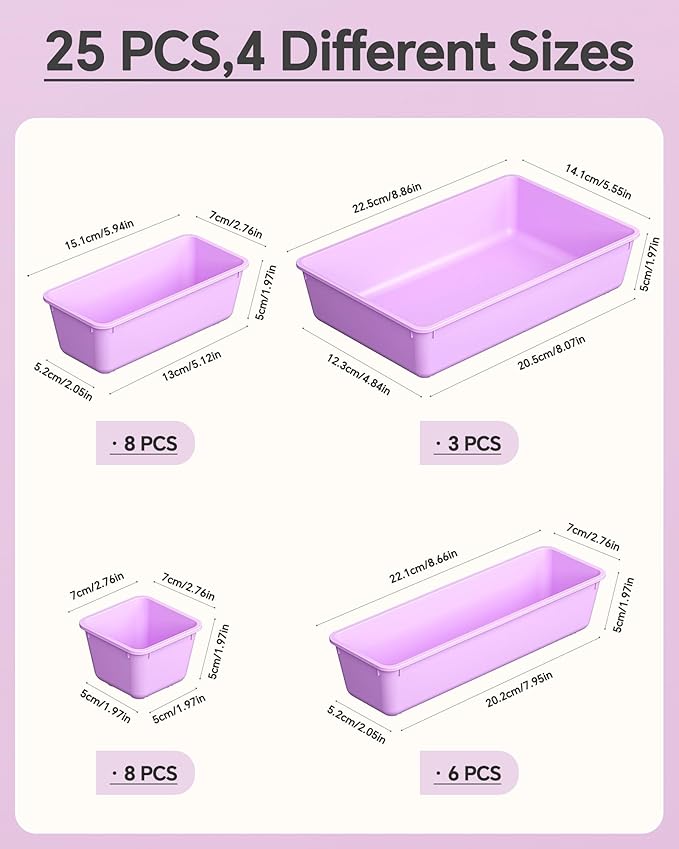 KEMETHY 25 PCS Plastic Drawer Organizers Set, 4 Sizes Vanity Organizer - Image 2