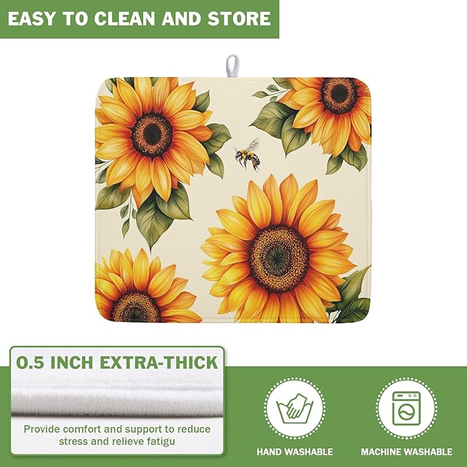 Spring Summer Dish Drying Mat 16x18 Inch Absorbent Reversible Sunflower Drying - Image 5