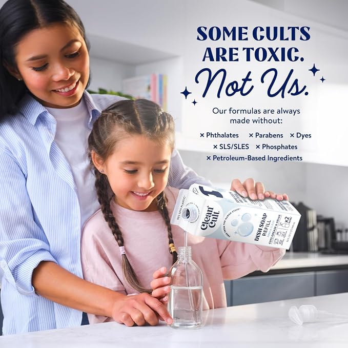 Cleancult Dish Soap Liquid Refills - Plant Based Cleaning Power - Cuts Grease & Grime - Free of Harsh Chemicals - Uses 90% Less Plastic - Free & Clear - 32 oz/3 Pack