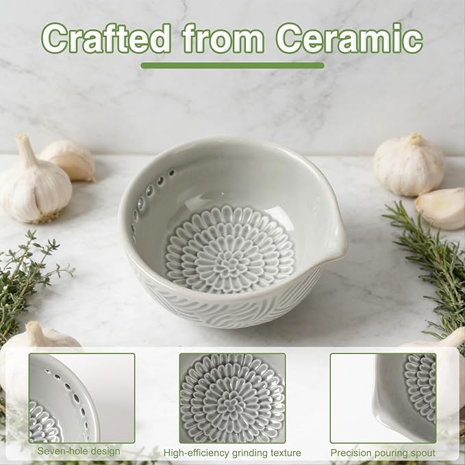 Ceramic Grater Bowl with Herb Stripper, 3 in 1 Handmade Ginger Grater Bowl - Image 6