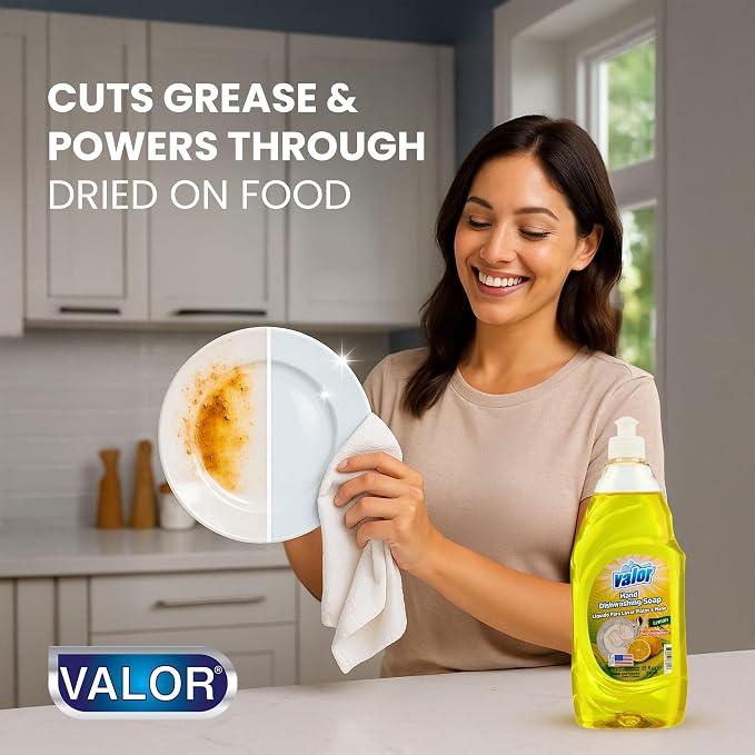 Valor Dishwashing Liquid, 25 fl oz – Dish Soap for Kitchen & Bathroom, Grease-Fighting, Gentle on Hands, Fast Rinse, Eco-Friendly Biodegradable Formula (25 fl oz (Pack of 1), Lemon)