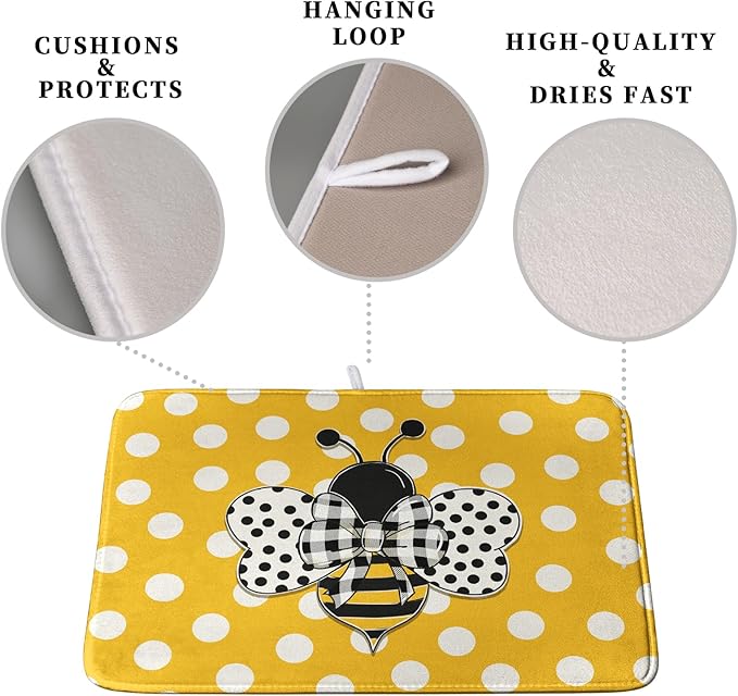 Bee Dish Drying Mat for Kitchen Counter 18x24 Inch Yellow Bumblebee Polka Dots - Image 3