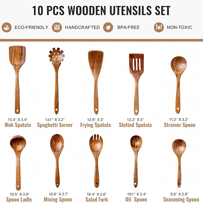 Terlulu 10 Pcs Wooden Spoons for Cooking, Natural Teak Wooden Kitchen Utensils - Image 2